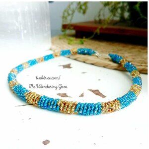Beaded Rope Choker Necklace, Blue & Gold Seed Bead Jewelry, Boho Statement